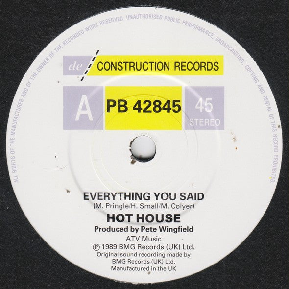 Hot House : Everything You Said (7", Single)