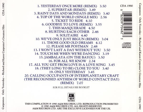 Carpenters : Only Yesterday - Richard & Karen Carpenter's Greatest Hits (CD, Comp, PDO)