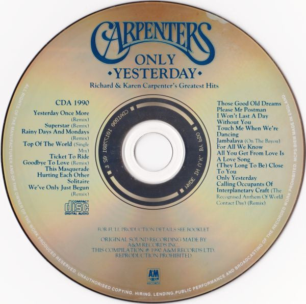 Carpenters : Only Yesterday - Richard & Karen Carpenter's Greatest Hits (CD, Comp, PDO)