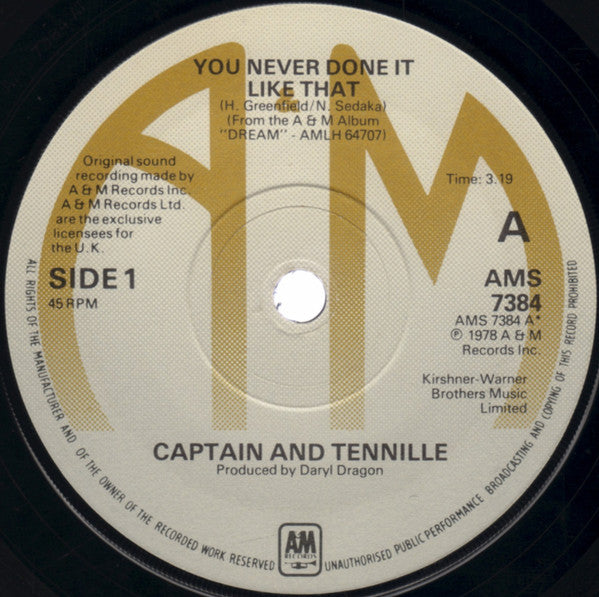 Captain And Tennille : You Never Done It Like That (7")