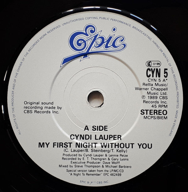 Cyndi Lauper : My First Night Without You (7", Single)