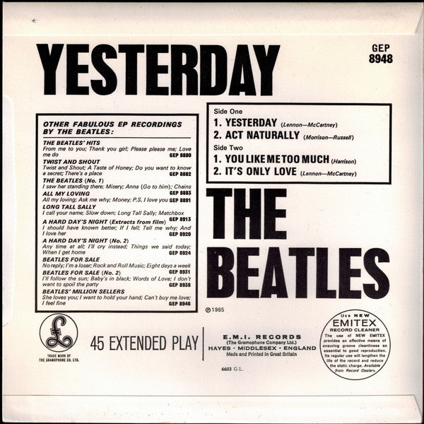 The Beatles : Yesterday (7", EP, Mono, RE, EMI)