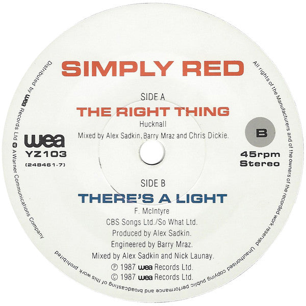 Simply Red : The Right Thing (7", Single, Pap)