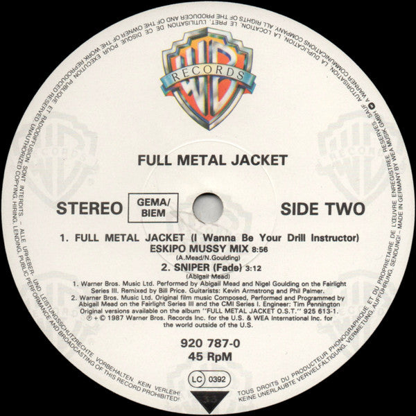 Abigail Mead And Nigel Goulding : Full Metal Jacket (I Wanna Be Your Drill Instructor) (12")