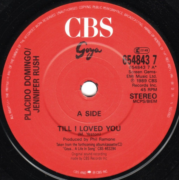 Placido Domingo • Jennifer Rush : Till I Loved You (7", Single)