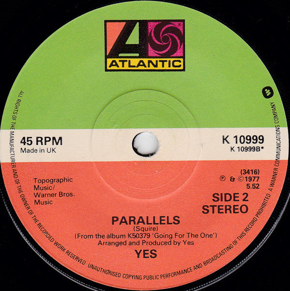 Yes : Wonderous Stories (7", Single, RP, Sol)