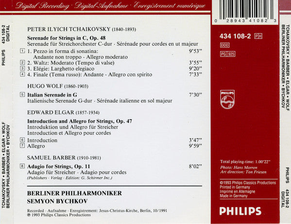 Pyotr Ilyich Tchaikovsky - Hugo Wolf - Samuel Barber - Sir Edward Elgar - Berliner Philharmoniker, Semyon Bychkov : Serenaden: Serenades (CD, Album)