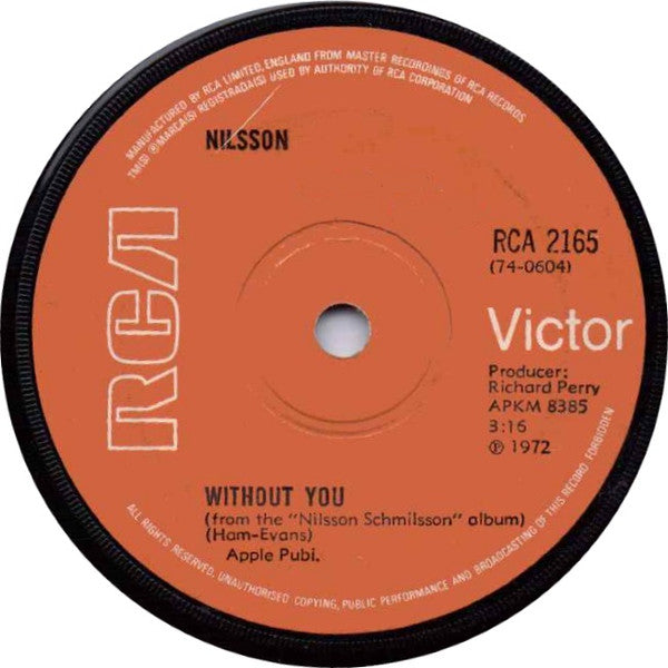 Nilsson* : Without You (7", Single, Sol)