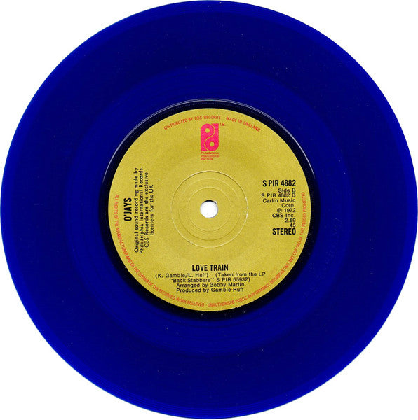 The O'Jays : Back Stabbers / Love Train (7", Single, RE, Blu)