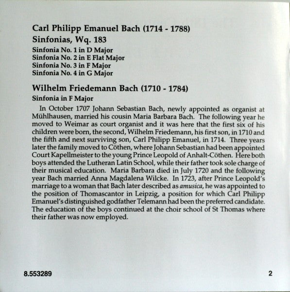 Carl Philipp Emanuel Bach, Wilhelm Friedemann Bach - Salzburger Kammerphilharmonie, Yoon Kuk Lee : Sinfonias, Wq. 183, Nos. 1 - 4 / Sinfonia In F Major (CD, Album)