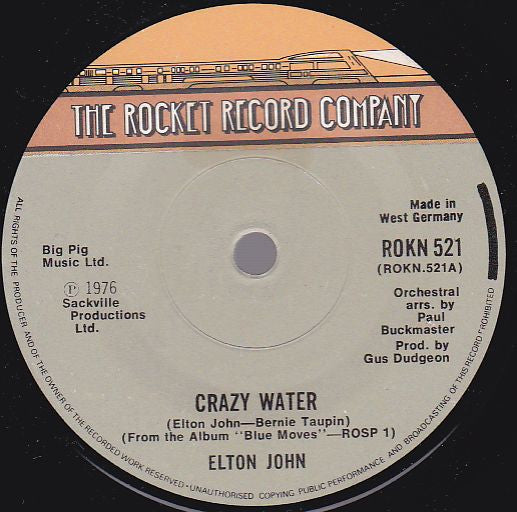 Elton John : Crazy Water (7", Single, Sol)