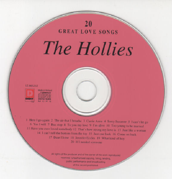 The Hollies : 20 Great Love Songs (CD, Comp)