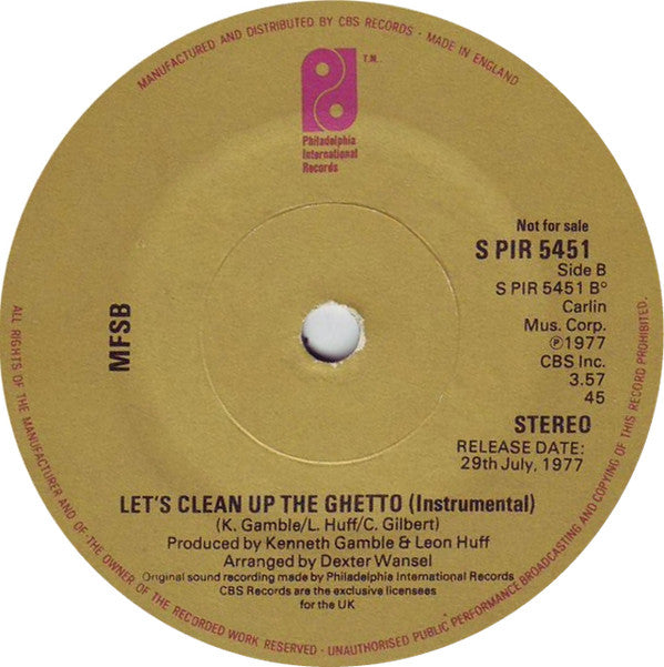 Philadelphia International All Stars / MFSB : Let's Clean Up The Ghetto (7", Single, Promo)