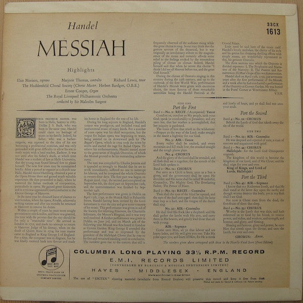 Georg Friedrich Händel, Sir Malcolm Sargent : Messiah Highlights (LP, Mono)