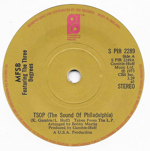MFSB Featuring The Three Degrees : TSOP (The Sound Of Philadelphia) (7", Single, Sol)