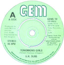 UK Subs : Tomorrows Girls (7", Single, Blu)