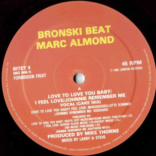 Bronski Beat With Marc Almond : I Feel Love (Megamix) (10", Single, Ltd, Bla)