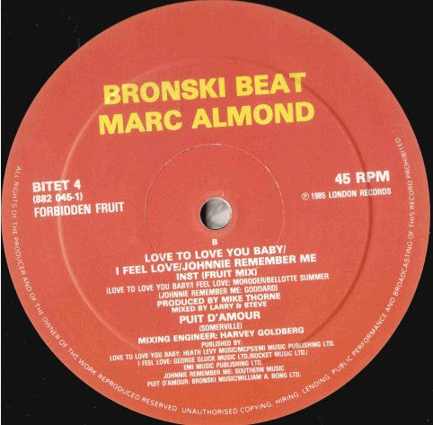 Bronski Beat With Marc Almond : I Feel Love (Megamix) (10", Single, Ltd, Bla)
