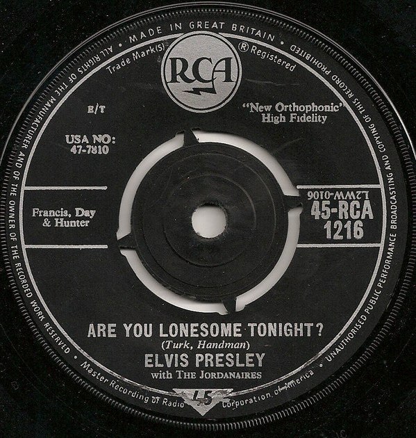 Elvis Presley With The Jordanaires : Are You Lonesome Tonight? (7", Single)