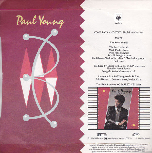 Paul Young : Come Back And Stay (Single Remix Version) (7", Single, Stu)