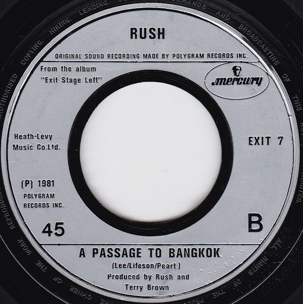 Rush : Tom Sawyer / A Passage To Bangkok (7", Single, Com)