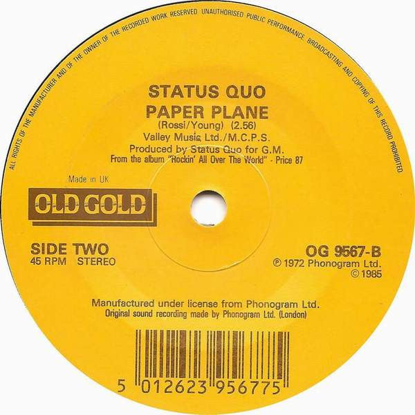 Status Quo : Rockin' All Over The World / Paper Plane (7", Single)