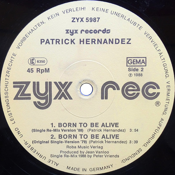 Patrick Hernandez : Born To Be Alive (Remix '88) (12", Maxi)