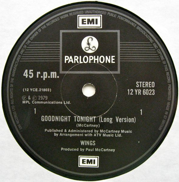 Wings (2) : Goodnight Tonight (12", Single, Ltd)