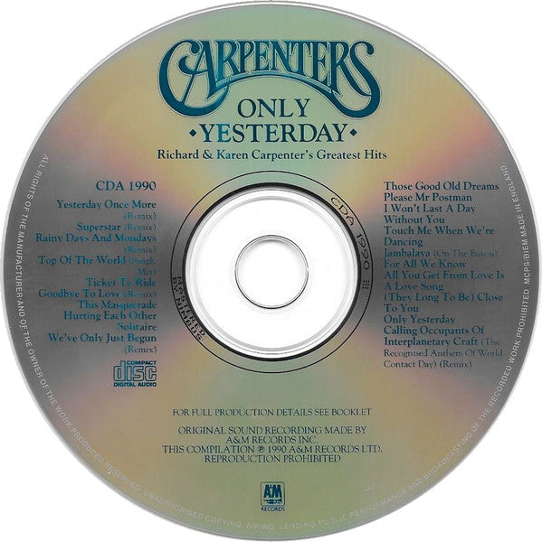 Carpenters : Only Yesterday - Richard & Karen Carpenter's Greatest Hits (CD, Comp, Nim)