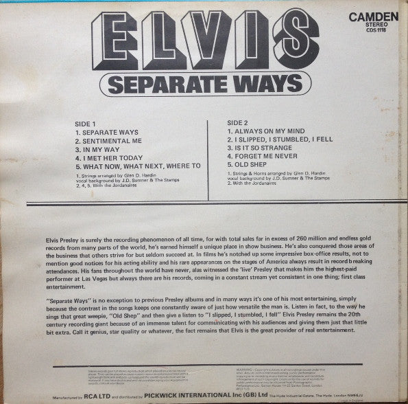 Elvis Presley : Separate Ways (LP, Album, RE)