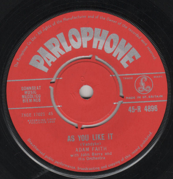 Adam Faith With John Barry & His Orchestra : As You Like It (7", Single)