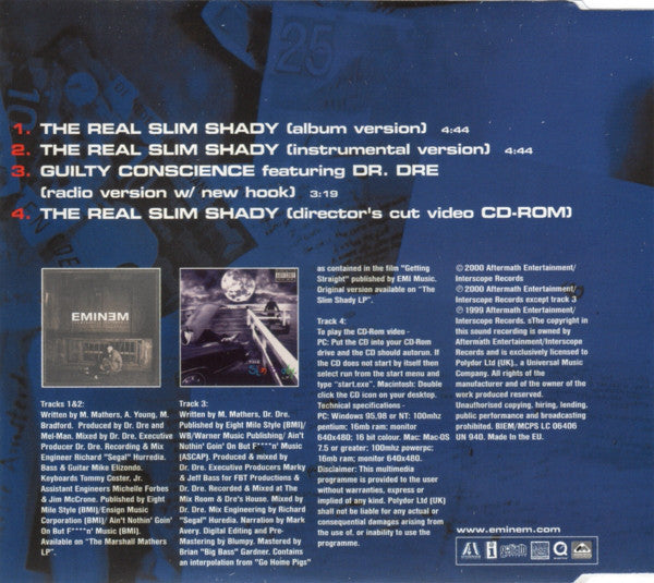 Eminem : The Real Slim Shady (CD, Single, Enh)