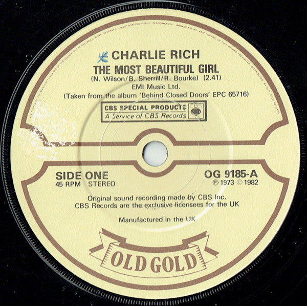 Charlie Rich : The Most Beautiful Girl / Behind Closed Doors (7", Single)