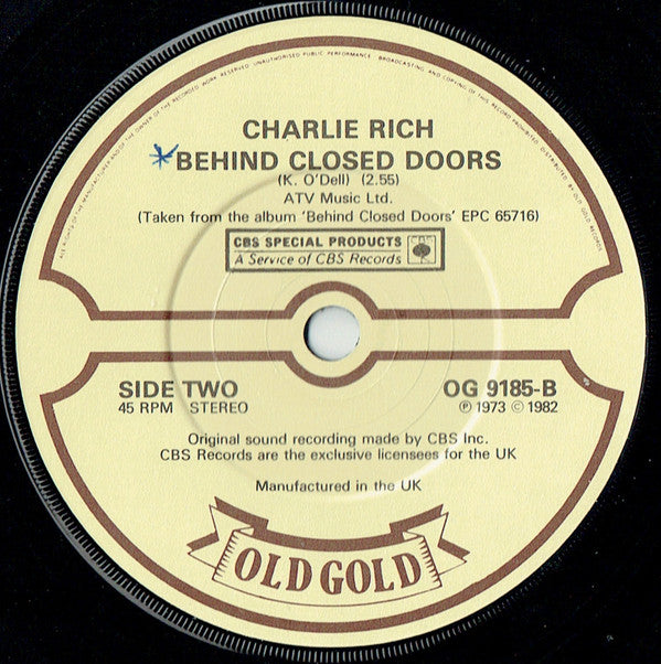 Charlie Rich : The Most Beautiful Girl / Behind Closed Doors (7", Single)