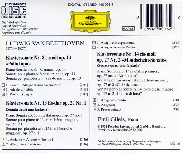 Ludwig van Beethoven – Emil Gilels : Sonaten - Pathétique - Mondschein/Moonlight/Clair De Lune (CD, Album, RE)