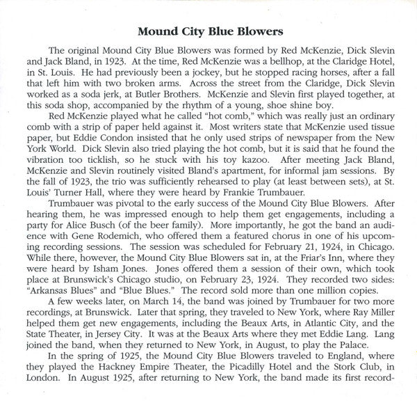 The Mound City Blue Blowers : Hot Comb & Tin-Can (CD, Comp)