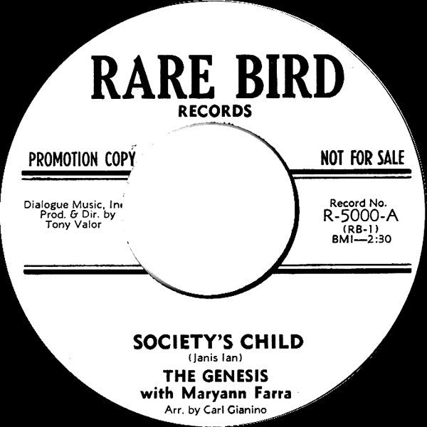 The Genesis (3) With Maryann Farra : Society's Child (7", Single, Promo)