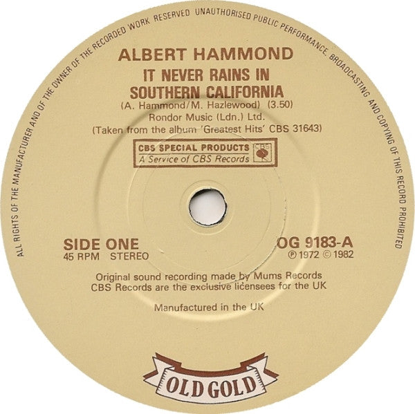 Albert Hammond : It Never Rains In Southern California / Free Electric Band (7", Single)