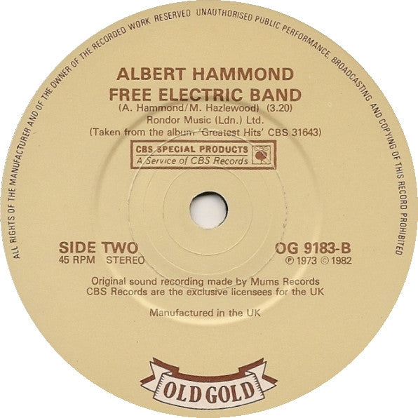 Albert Hammond : It Never Rains In Southern California / Free Electric Band (7", Single)