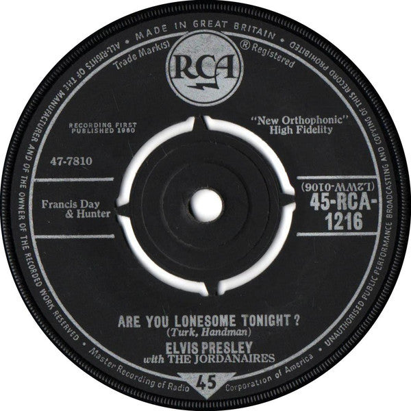 Elvis Presley With The Jordanaires : Are You Lonesome Tonight? (7", Single)