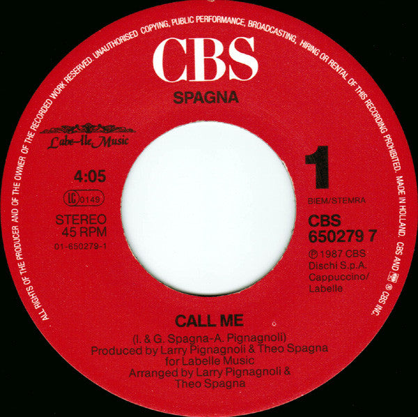 Ivana Spagna : Call Me (7", Single)