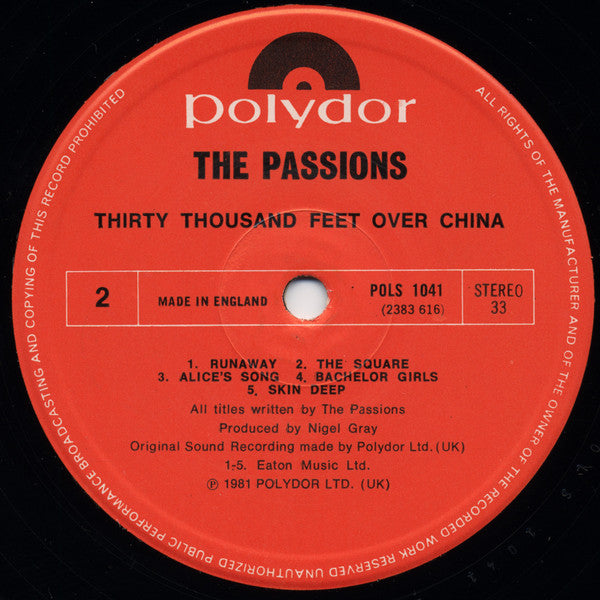 The Passions : Thirty Thousand Feet Over China (LP, Album)