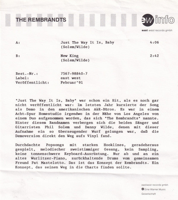 The Rembrandts : Just The Way It Is, Baby (7", Single, Sol)