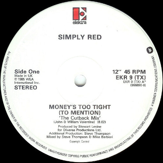 Simply Red : Money$ Too Tight (To Mention) (The Cutback Mix) (12", Single)