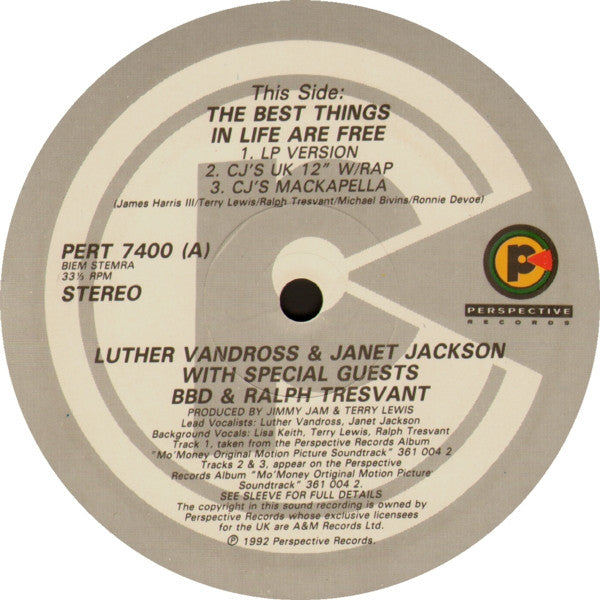 Luther Vandross & Janet Jackson With Special Guests BBD* & Ralph Tresvant : The Best Things In Life Are Free (12", Single)