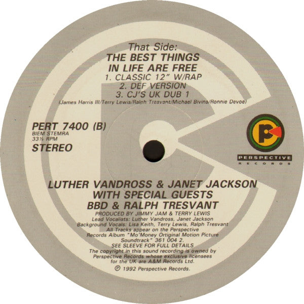 Luther Vandross & Janet Jackson With Special Guests BBD* & Ralph Tresvant : The Best Things In Life Are Free (12", Single)