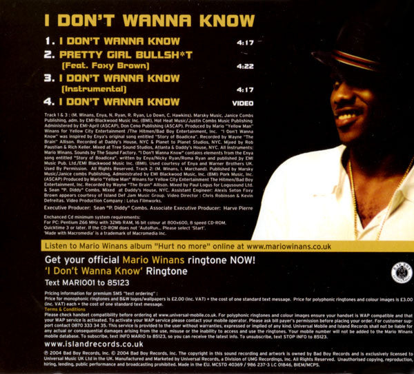 Mario Winans Featuring Enya & P. Diddy : I Don't Wanna Know (CD, Single, Enh)