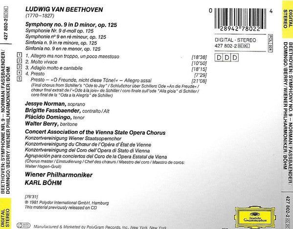 Ludwig van Beethoven – Jessye Norman / Brigitte Fassbaender / Plácido Domingo* / Walter Berry / Wiener Philharmoniker / Karl Böhm : Symphony No. 9 In D Minor, Op. 125 (CD, Album, RE)