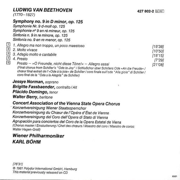 Ludwig van Beethoven – Jessye Norman / Brigitte Fassbaender / Plácido Domingo* / Walter Berry / Wiener Philharmoniker / Karl Böhm : Symphony No. 9 In D Minor, Op. 125 (CD, Album, RE)