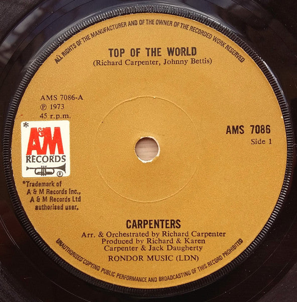 Carpenters : Top Of The World (7", Single, Sol)